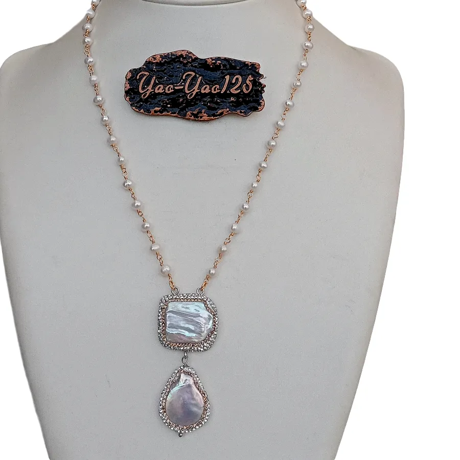 Authentic Y Ying Natural Freshwater Cultured White Pearl Rosary Chain Necklace Cz Pave Keshi Pearl Pendant 20'
