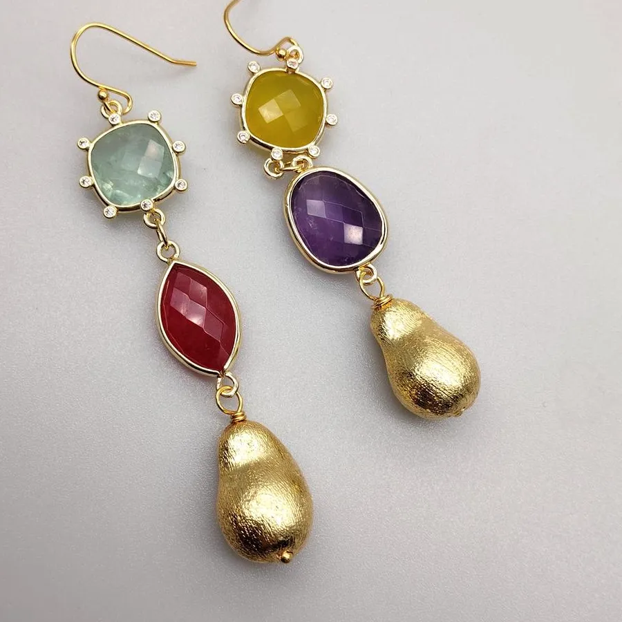 Authentic Celestial Trinity Amethyst, Fluorite & Jade Drop Earrings- Ancient Wisdom Triple- Gem Talisman