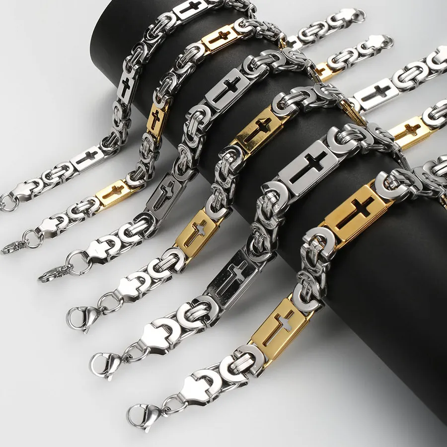 Authentic 1Pc 6- 10Mm Durable Byzantium Jesus Cross Bracelet Golden Color Chain Bracelet Man Jewelry For Him