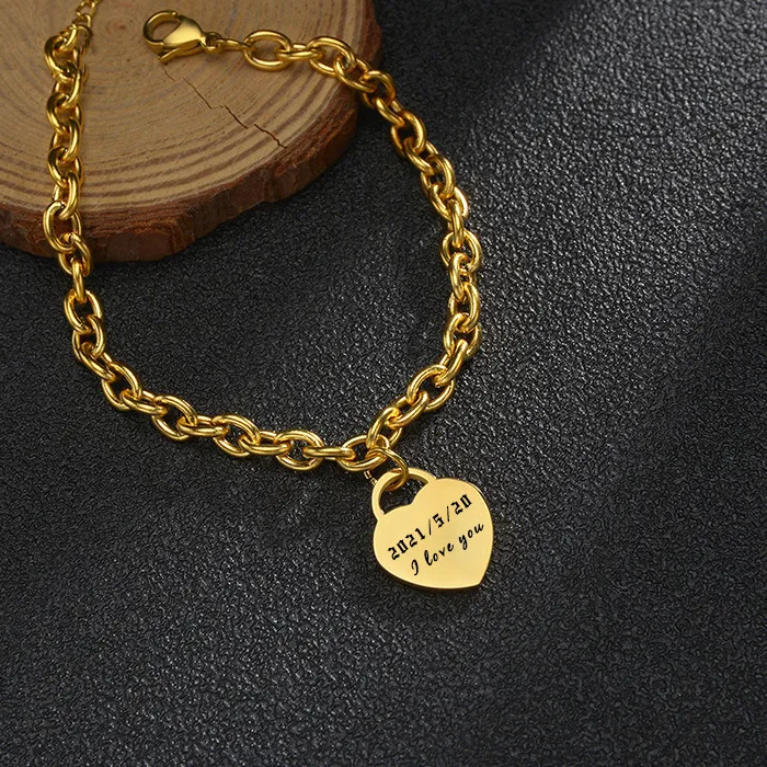 Authentic Custom Engraved Names Date Polish Heart Pendant Bracelet Personalization Bangle Woman Jewelry