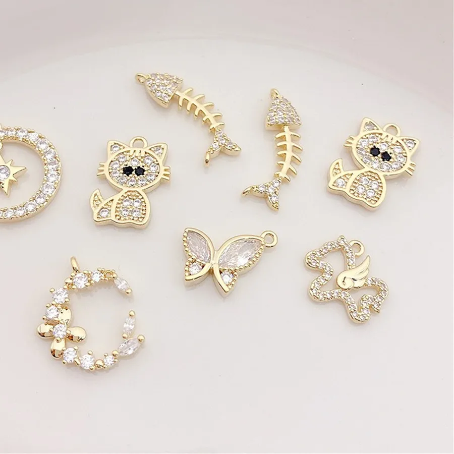 Authentic 14K Gold-plated Micro-zircon Moon Butterfly Cat Charm Pendant DIY Jewelry Supplies Beads for Necklace Bracelet Craft Accessories
