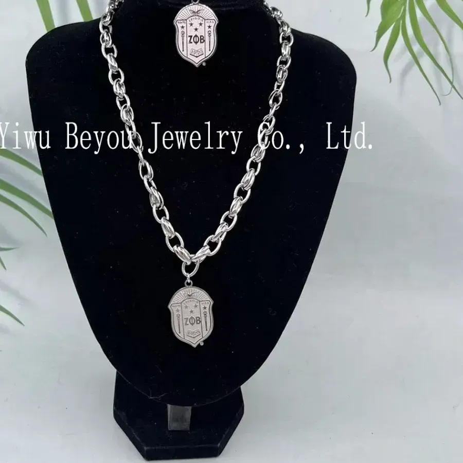 Authentic Silver Zeta Women\'s Badge Sorority Shield Pendant Necklace Bracelet Set