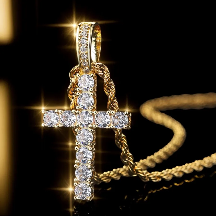Authentic Cross Iced Out Pendant Necklace For Men Hip Hop Delicate Gold Color Cuban Rope Rapper Homme Chain on Neck Accessories OHP145