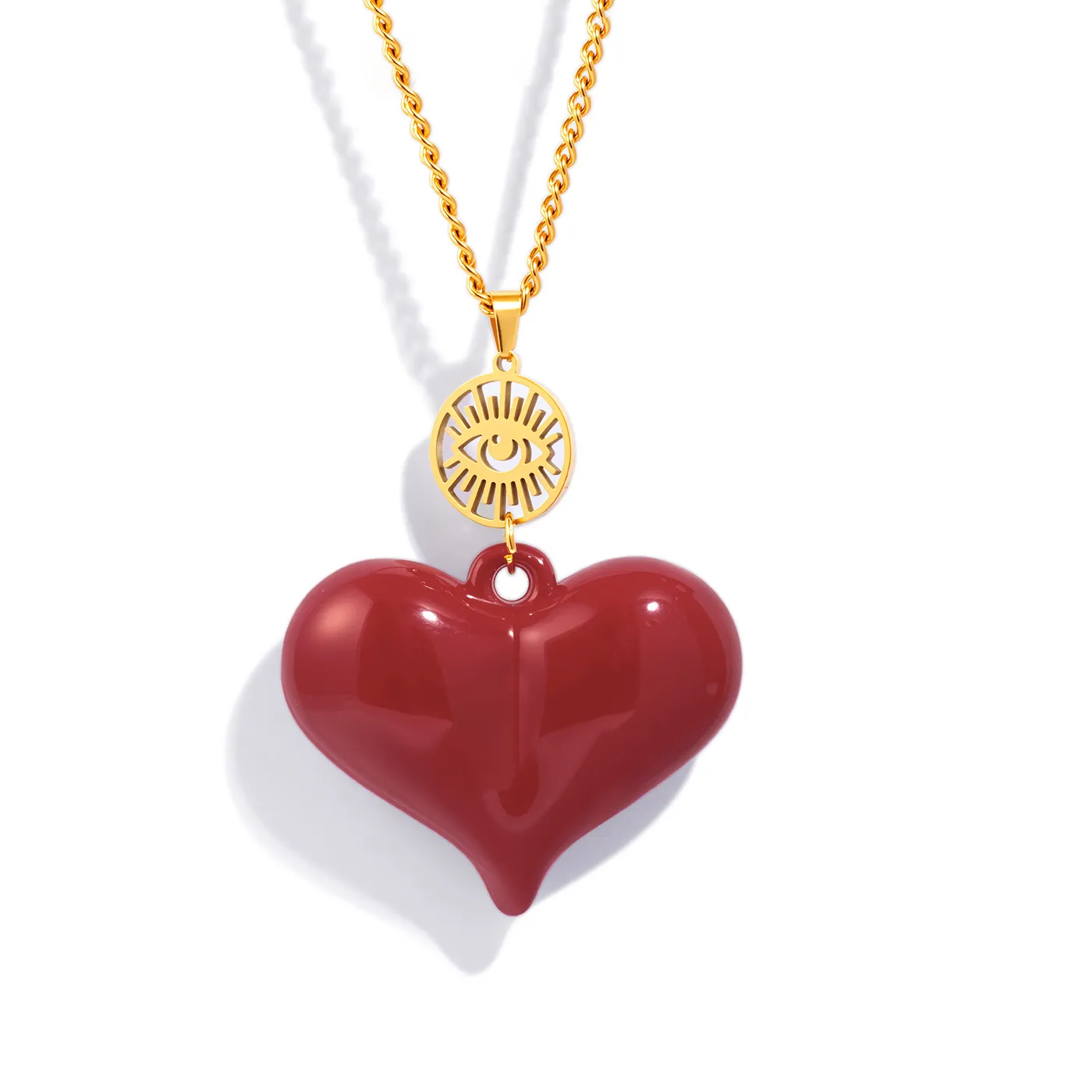 Authentic Large Red Heart Pendant Necklace for Women, Stainless Steel 18K Gold Plated, Statement Party Jewelry, Big Size Love Charm