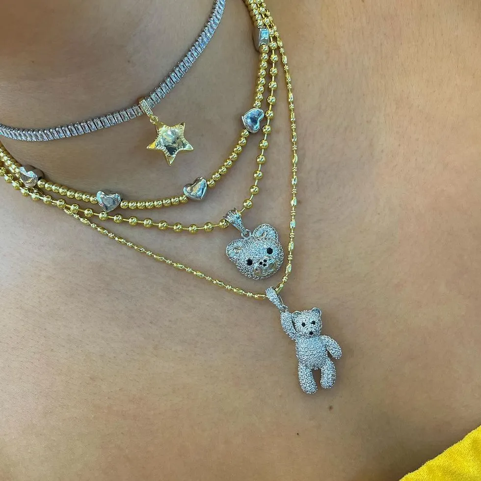 Authentic 4PCS, Lovely Bears Charms Bead Chain for Women Heart Star Zircon 18K Gold Plated Pendants Tennis Chain Necklace Party Jewelry
