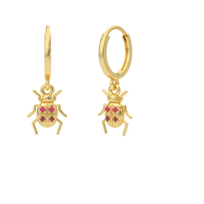 Authentic Gold Color Animal Beetle Ladybug Hoop Earring for Women Crystal Earing Dangle Earring Fine Jewelry Pendientes