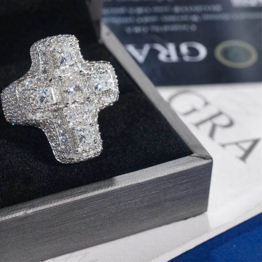 Authentic S925 Silver D Color VVS Moissanite Ring, Hip Hop Men's Full Pavé Band Statement Jewelry