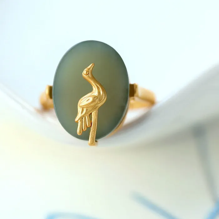 Authentic Designer Original Silver Inlaid Natural Hetian Jade Cloud Crane Opening Adjustable Ring And Jewelry