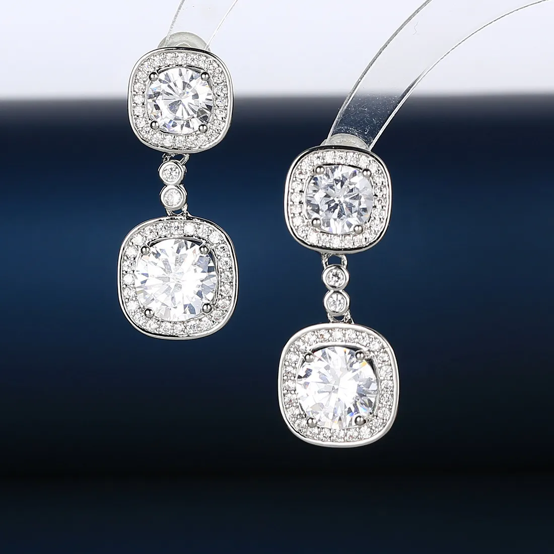 Authentic Radiant Resonance Double Square Silver Talismanic Drop Earrings