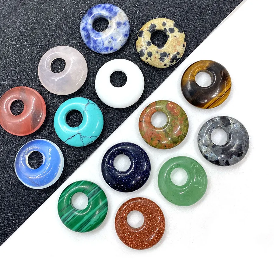 Authentic 3 Natural Stone Beads Donut Clasp Oblique Hole Pendant Tiger Eye Pendant Diy Handmade Jewelry Necklace Size 18 Mm