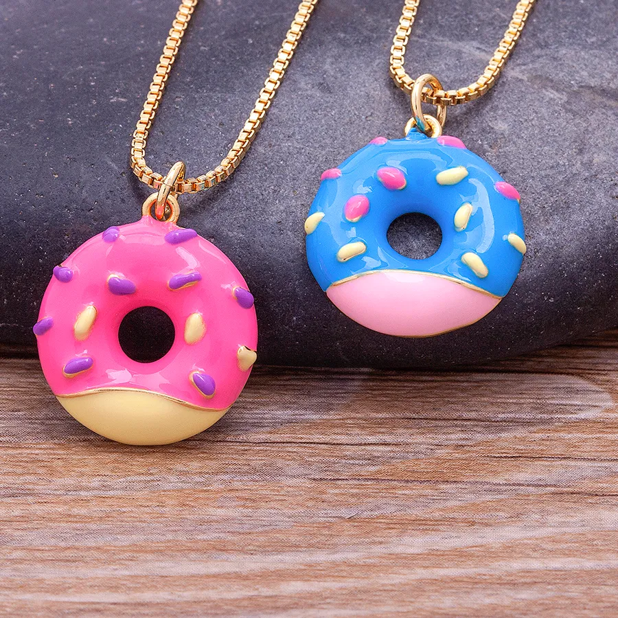 Authentic Nidin Kawaii Donut Bread Enamel Drop Oil Colorful Pendant Lucky Candy Color Chain Jewelry Necklace Birthday