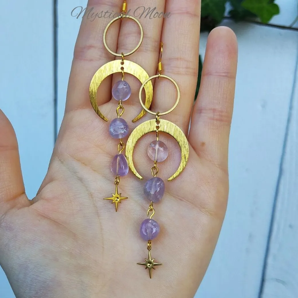 Authentic Celestial Star‑Moon Whisper Earring – Handcrafted Light‑Purple Crystal