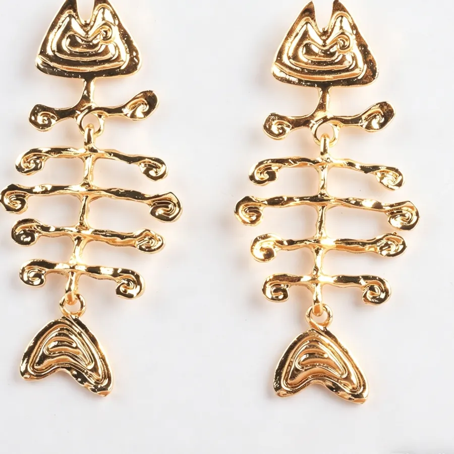 Authentic Bohemian Gold Plated Hollow Fish Skeleton Drop Earrings Indian Statement Long Dangle Earrings Jewelry