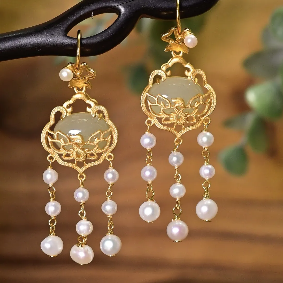 Authentic Ruyi's Gift of Harmony: Hetian Jade Earrings with Gold Plated Wisdom