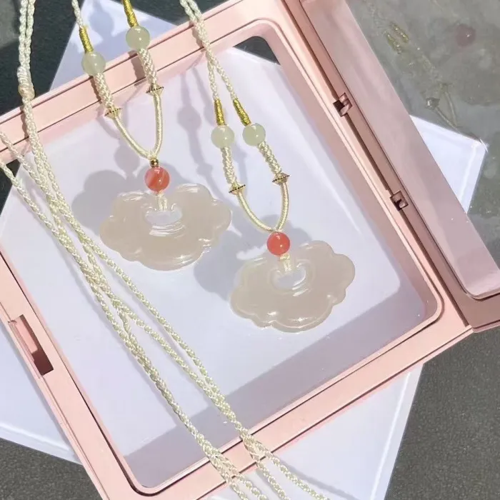 Authentic Peace Braided Hetian Jade Root Pink Ruyi Lock Necklace Niche High- End Sweater Chain