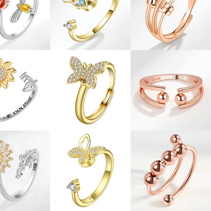 Authentic Rotating Anxiety Knuckle Ring Spinner Fidgets Butterfly Flower Anti Stress Rings Banquet Jewelry Accessories
