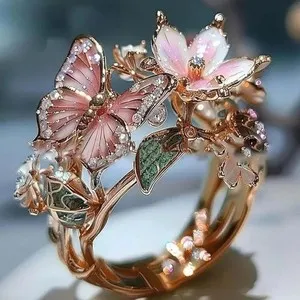 Authentic Butterfly Flower Adjustable Ring Gold Plated Crystal Floral Ring for Women