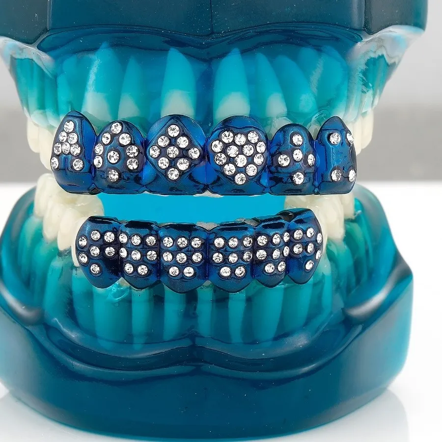 Authentic Glossy Finish Teeth Grillz Top Bottom Anti Slip Eco- Friendly Teeth Grillz Caps Blue Shiny Teeth Jewelry Rapper