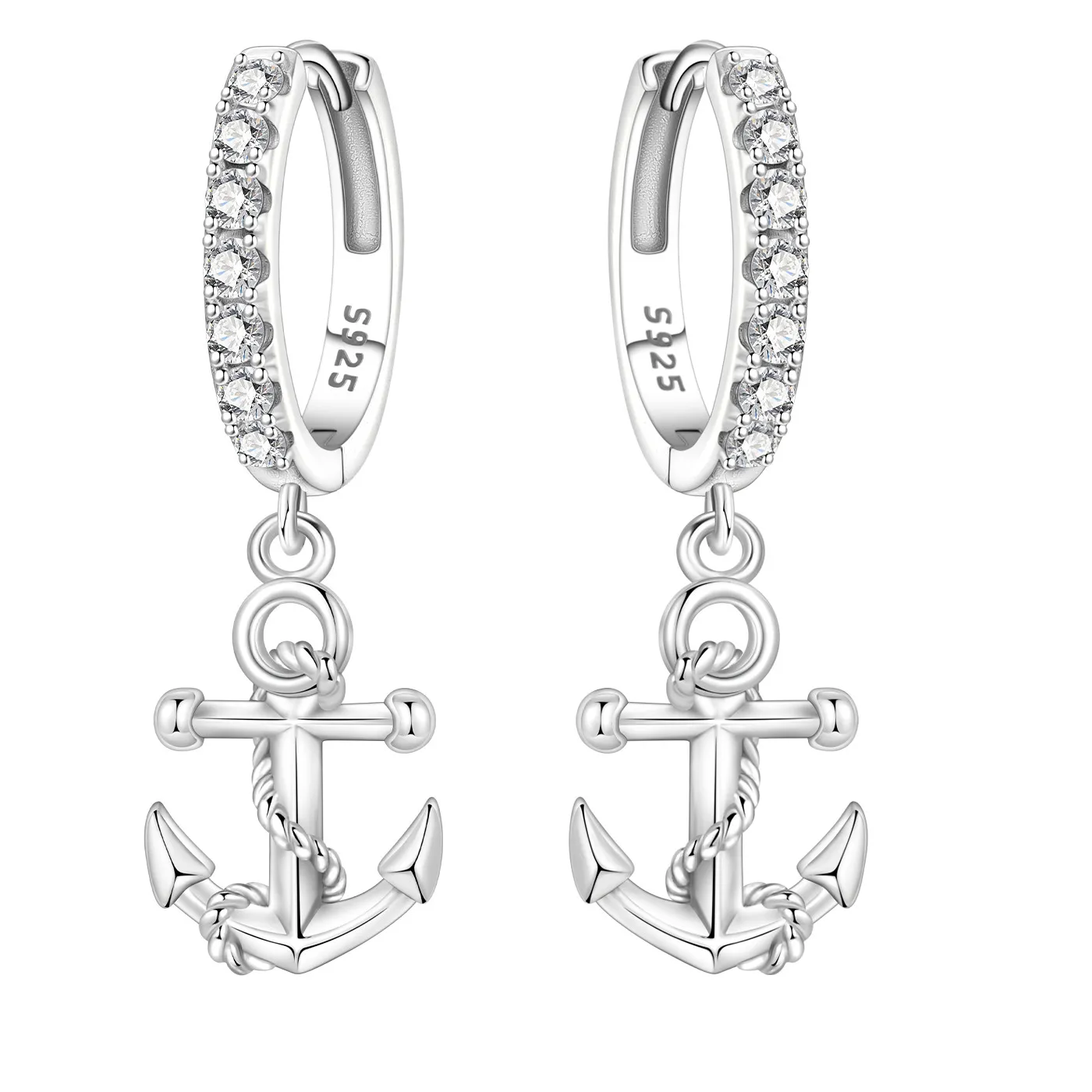 Authentic 925 Sterling Silver Anchor Dangle Hoops Earrings Fit Earrings Drop Earring For Anniversary Jewelry