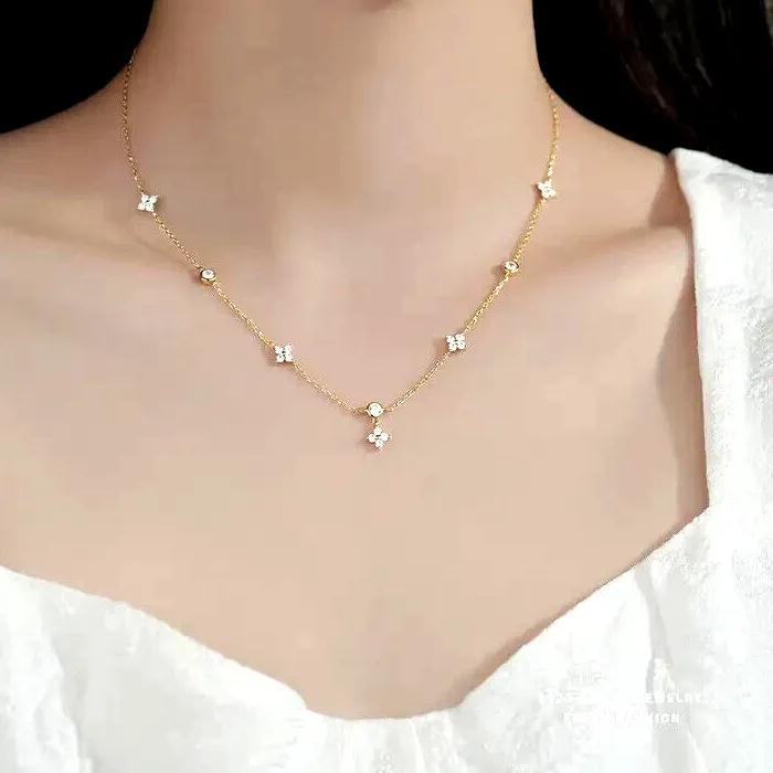 Authentic Luxury 18K Gold Plated Four-leaf Clover Shiny zirconia Chain Necklace Women Gift