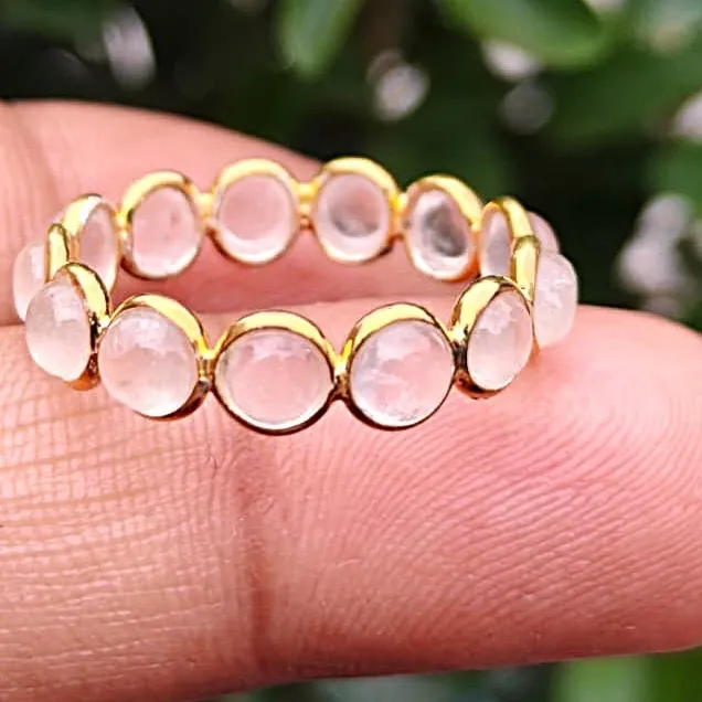 Authentic Natural Rose Quartz Eternity Ring 925 Sterling Silver Gold Plated Jewelry