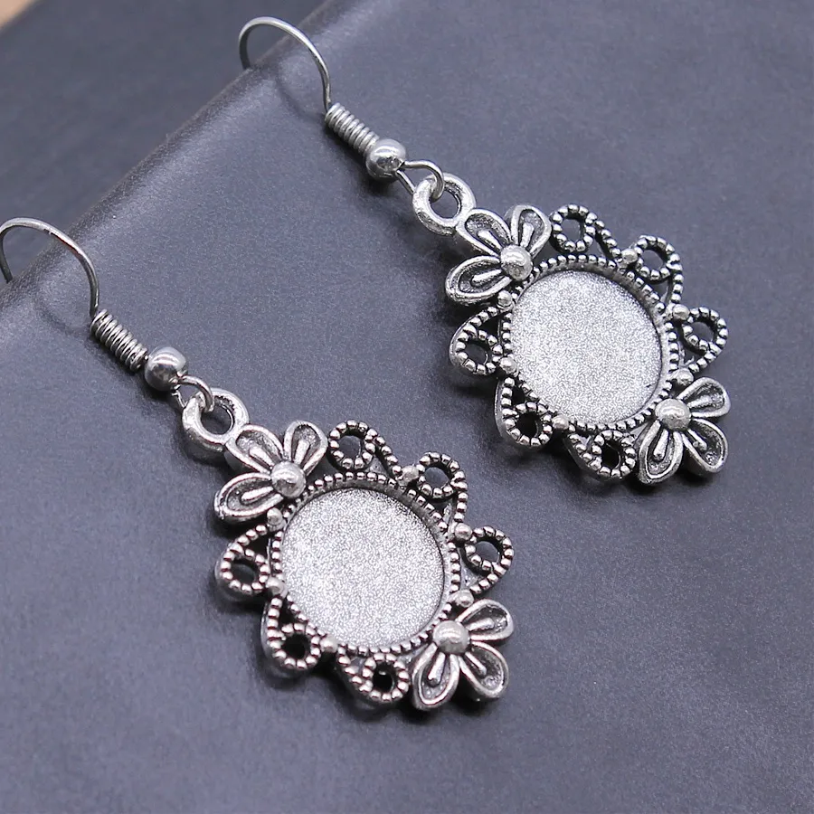 Authentic 2 Colors Fit 12Mm Round Flower Style Cameo Cabochon Pendant Base Setting Dangle Earrings Fit