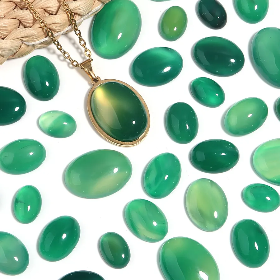 Authentic 2- 10Pcs Natural Stone Cabochon Beads Oval Green Agates Cabochons Flat Back Cameo For Diy Jewelry Making Necklace Earrings