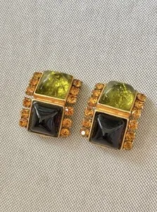 Authentic Dominique Aurientis Celestial Verdant and Amethyst Gripoix Glass Clip Earrings