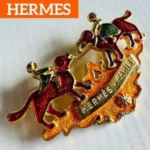 Authentic The Hermes Cloisonne Companion Brooch of Gold and Green