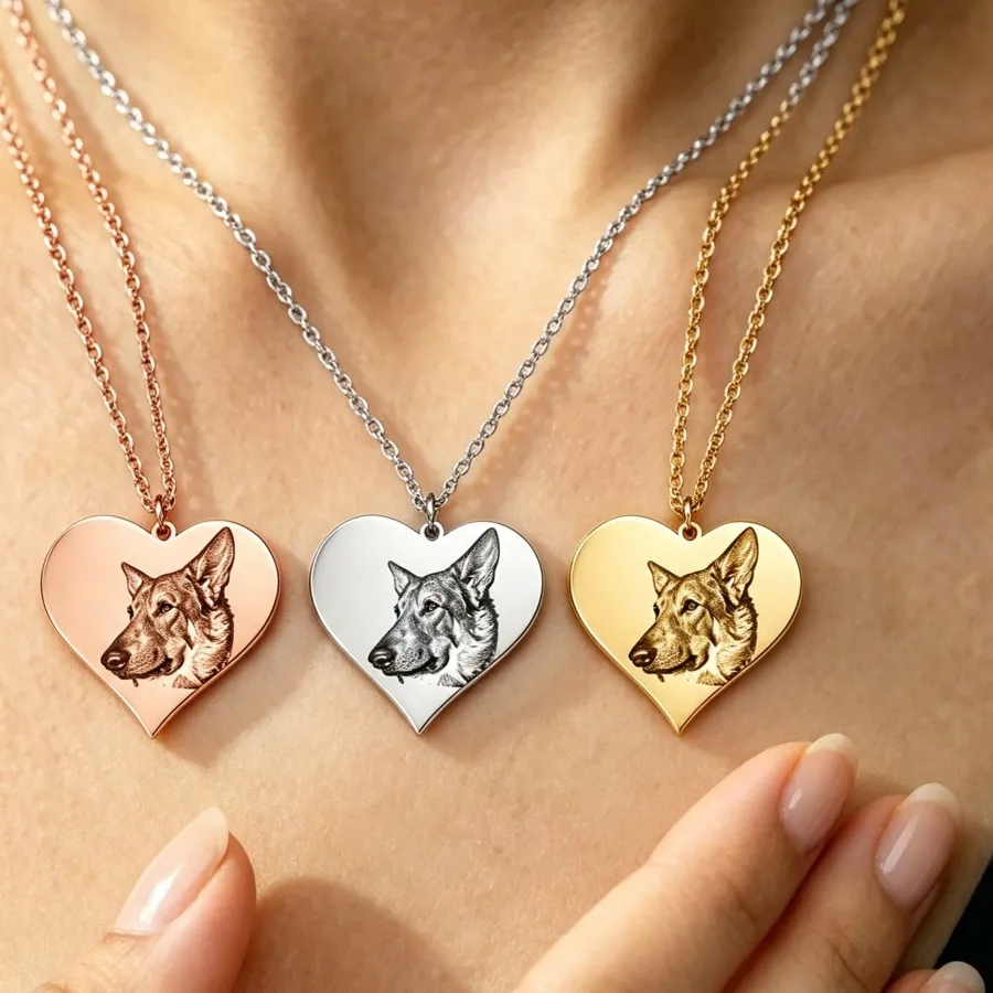 Authentic Custom Engraved Heart Pendant Necklace, Personalized Pet Portrait Photo Jewelry Custom Dog Cat Image Memorial