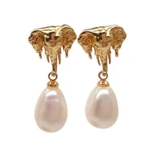 Authentic Cultured White Rice Pearl Elephant Gold Plated Dangle Stud Earrings