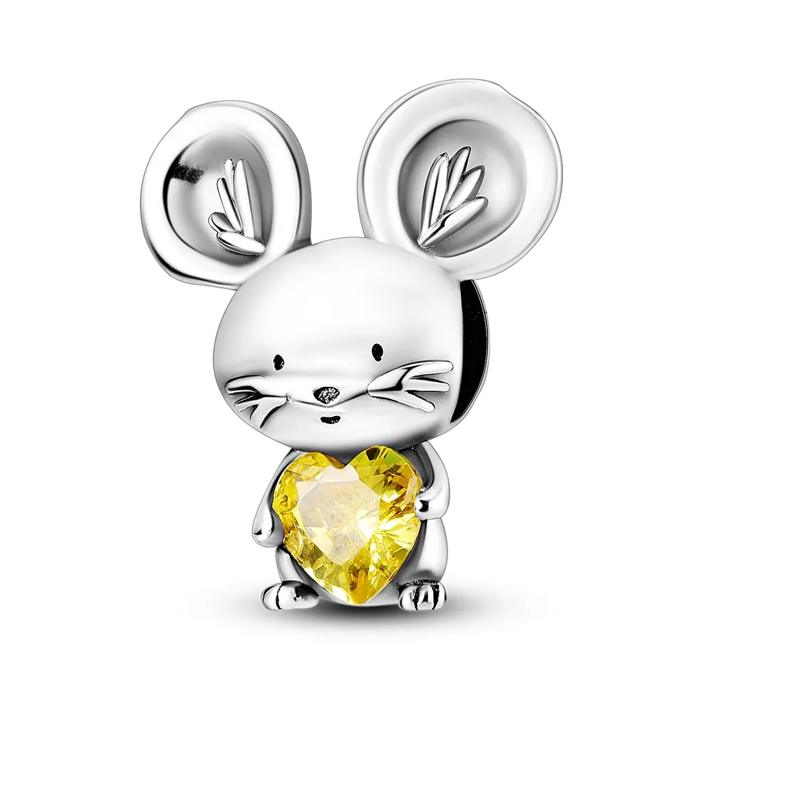 Authentic 925 Sterling Silver Big Ear Mouse Yellow Heart Cz Dangle Bead Fit Bracelets Adorable Animal Girls Jewelry
