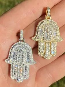 Authentic Real 925 Sterling Silver 14k Gold Plated Hamsa Hand Pendant Iced Baguette CZ