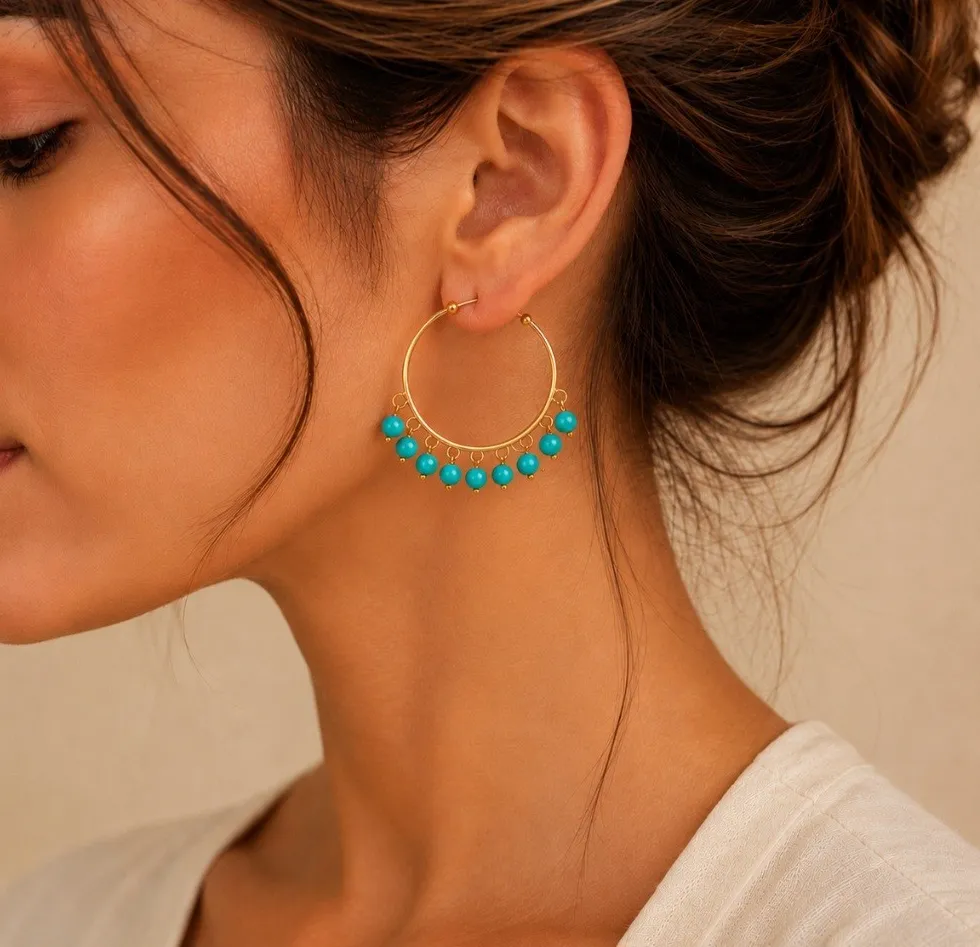 Authentic Turquoise Hoop Earrings | 18k Gold Plated | Handmade Beaded Hoops | BOHO