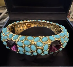 Authentic KJL Kenneth Jay Lane Gold Plated Turquoise Cabochon Hinged Bracelet 6-6.5"