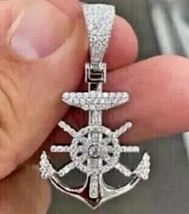 Authentic The Mariner's Star: Diamond Halo Anchor Pendant in White Gold-Plated Sterling Silver
