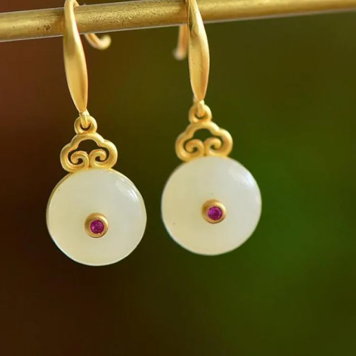 Authentic Guardian of Serenity: White Hetian Jade Donut Drop Earrings