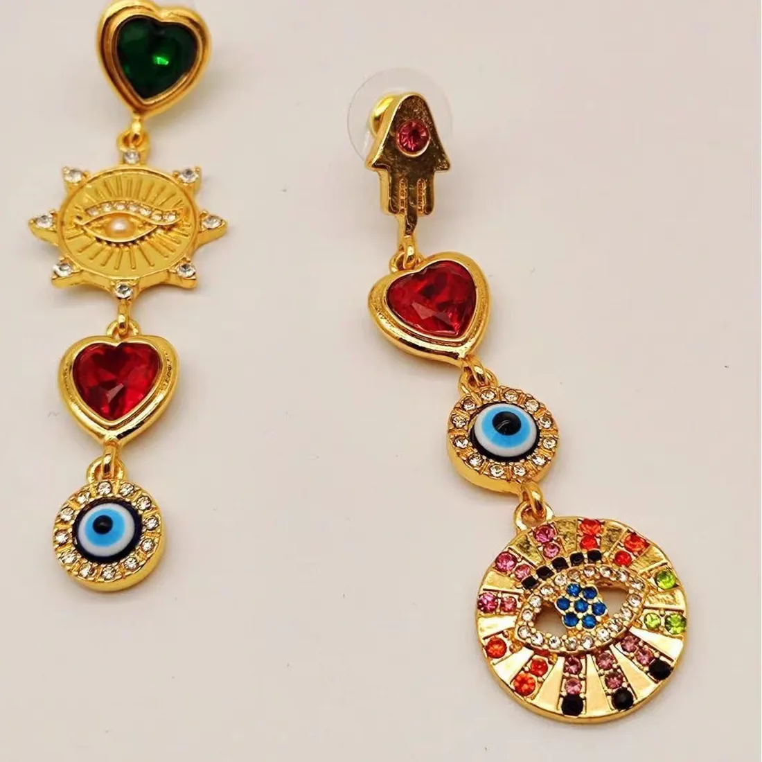 Authentic Mystic Twin Talismans The Asymmetric Evil Eye And Hamsa Heart Drop Earrings