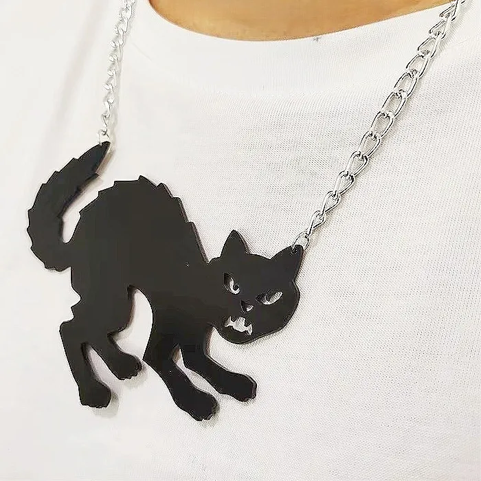 Authentic Halloween Jewelry Black Cat Pendant Necklace Acrylic Animal Accessories