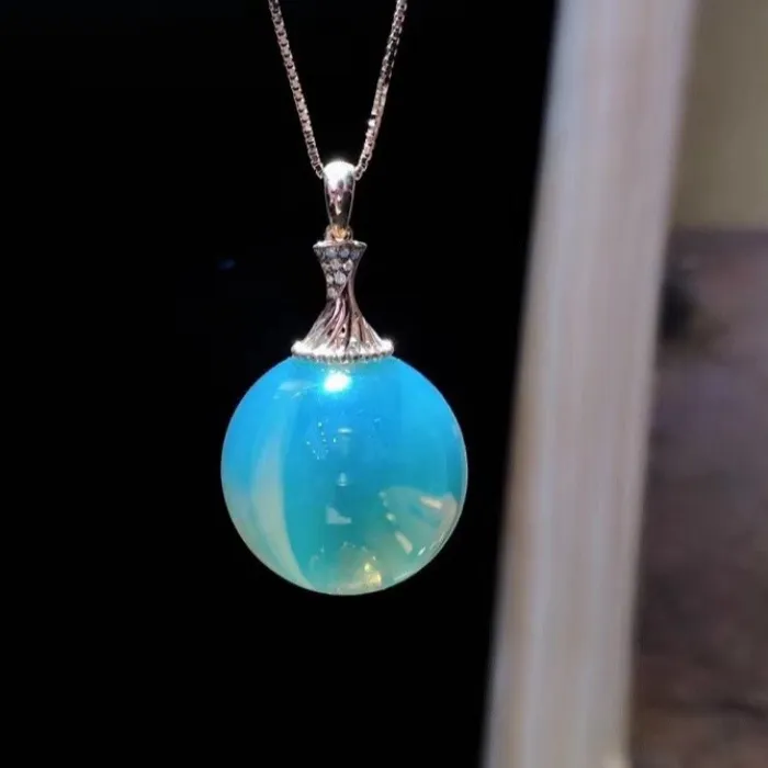 Authentic 18mm Mexican Blue Amber Inlaid 18K Rose Gold Pendant Autumn Winter Sweater Chain