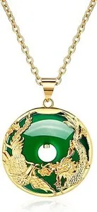Authentic Gold Plated Green Gem-stone Necklace with Gold Dragon Phoenix Pendant Crystal