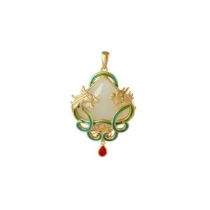 Authentic Jade Dragon Phoenix Pendant Jewelry Necklace 18K Gold Plated Natural Chalcedony