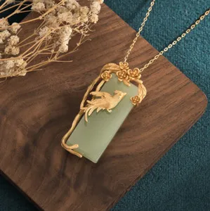 Authentic Jade Jewelry Phoenix Bird Charm Pendant With Chain Necklace 18k Gold Plated Gift