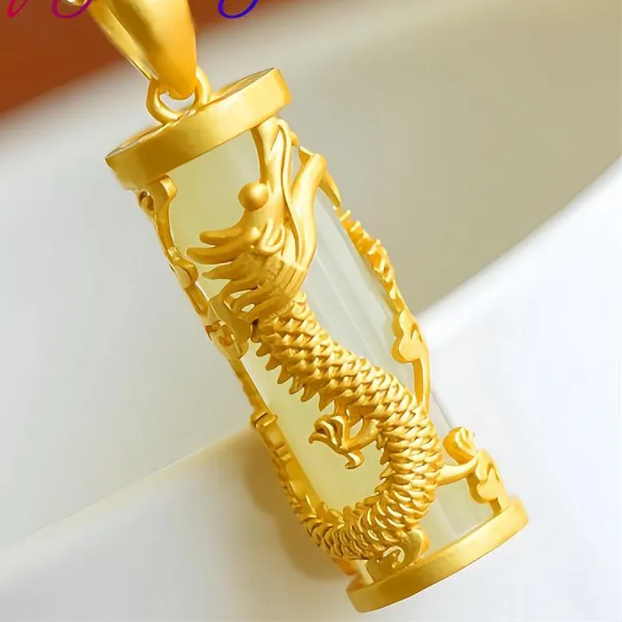 Authentic Celestial Dragon and Phoenix Harmony Jade Amulet - 18K Gold-Plated Totem of Eternal Union