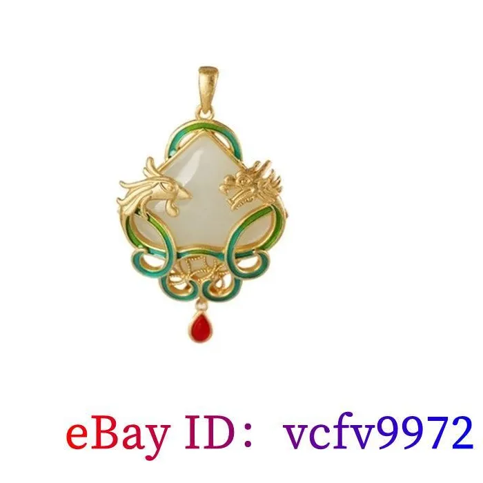 Authentic Jade Dragon Phoenix Pendant Jewelry 18K Gold Plated Necklace Natural Chalcedony