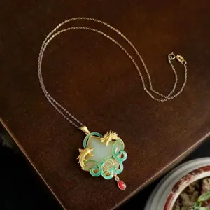 Authentic Jade Dragon Phoenix Pendant Jewelry 18K Gold Plated Necklace Natural Chalcedony