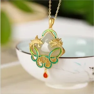 Authentic Jade Dragon Phoenix Pendant Jewelry 18K Gold Plated Necklace Natural Chalcedony