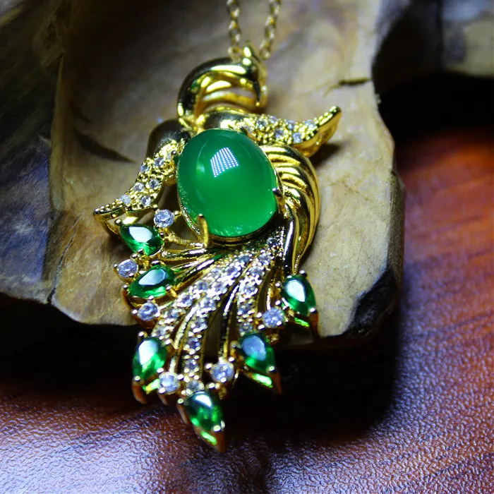 Authentic Liemjee Wholesale Fashion Jewelry Green Agate Silver Plated Phoenix Necklace for Women Luxury Namour Charm Gift All Seasons
