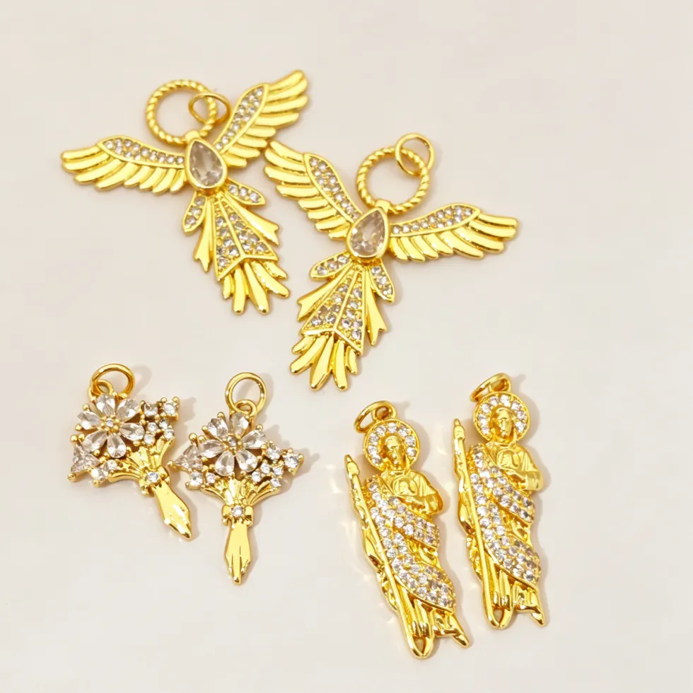 Authentic 2Pcs Pendants Gold Plated Inlay Zircon Jesus Phoenix Flower Charm for DIY Necklace Bracelet Jewelry Making Accessories Men Women