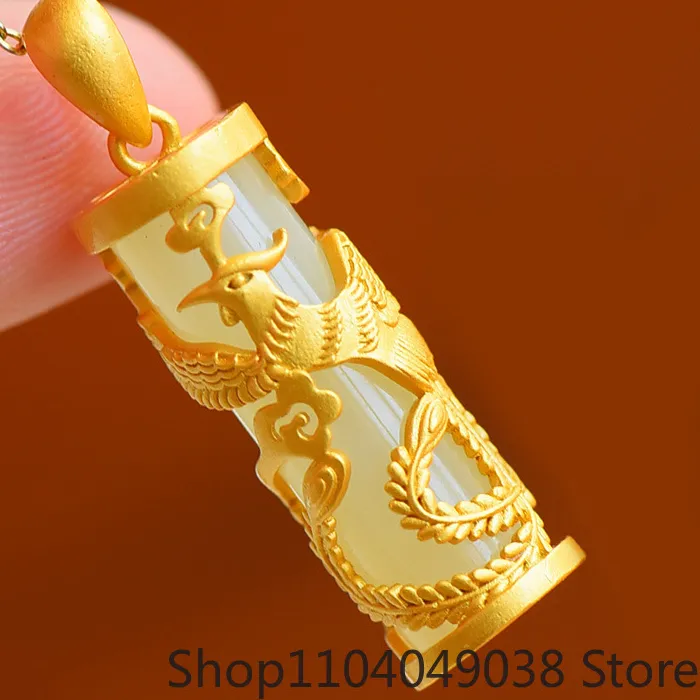 Authentic Natural Jade Dragon Phoenix Pendant Necklace Gifts for Women Charm Designer Real Jewelry Luxury Stone Talismans 18K Gold Plated